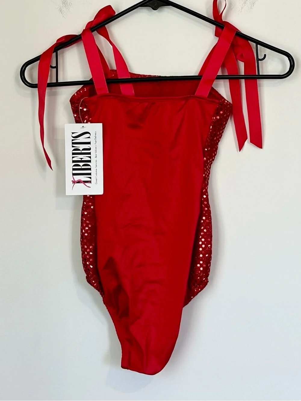NWT Liberts Kids Red Sequin Dance Leotard with Ribbon Tie Shoulder Straps